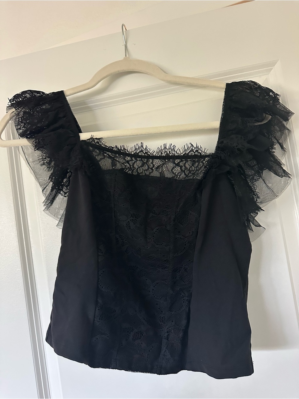 Free People Black Lace Ruffle Sleeve Blouse